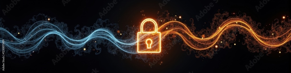Poster swirling stream of encrypted code wrapping around a glowing padlock on a black background, cybersecu
