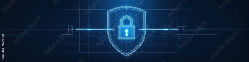 Aufkleber blueprint-like schematic of a lock and shield design with white lines on a navy gradient background,