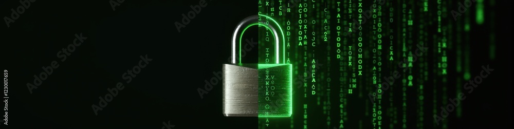 Poster metallic lock surrounded by falling green matrix code on a black backdrop, symbolizing security and 