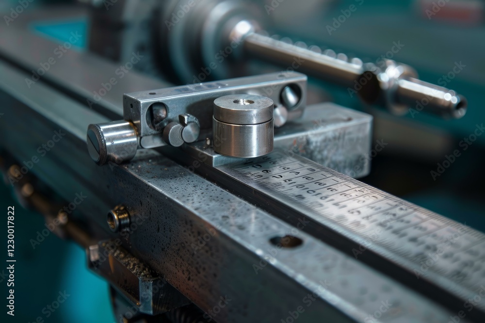 Poster industrial lathe machine tooling measuring device is resting on the metal surface of a lathe in a fa