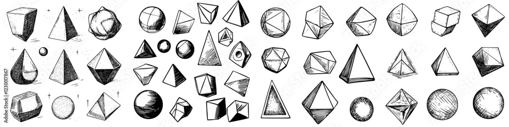 Poster geometric shapes arranged in a futuristic design showcasing a variety of polygons and 3d forms with 