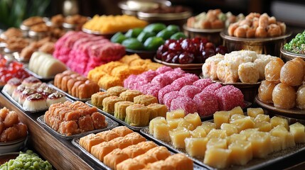 Colorful assortment of traditional desserts displayed in a vibrant market setting during a festive gathering