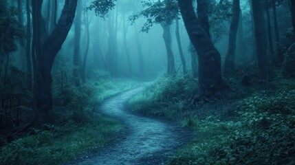 Fototapeta premium Enchanting Foggy Forest Path Leads into Mystical Woodland Depths