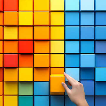 Hand chooses yellow cube, color gradient background, design concept