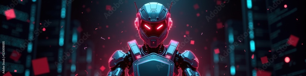 Poster stylized robotic guardian with glowing neon edges in a high-tech data environment, showcasing securi