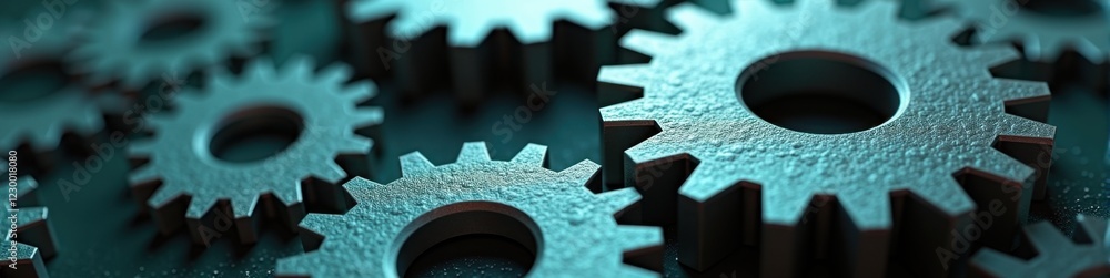 Poster gears interlocked with lines of code in a grey and teal color scheme, showcasing corporate technolog