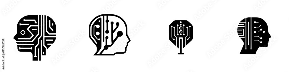 Poster exploring futuristic head designs with circuit patterns and holographic elements in a modern context