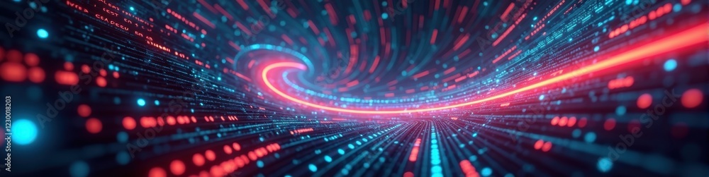 Poster futuristic representation of a compile process with swirling neon lines and dark background, capturi
