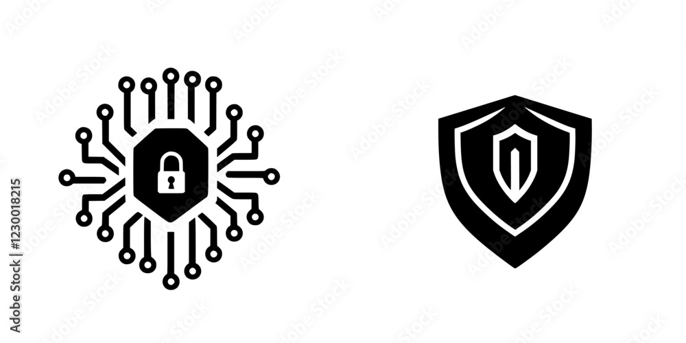 Aufkleber design of futuristic cyber security symbols featuring hologram elements and intricate circuitry