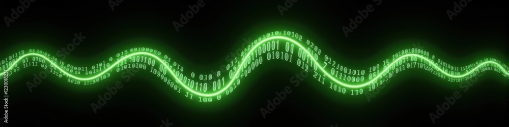 Poster swirling binary digits in neon green glow against a deep black background, symbolizing technology an