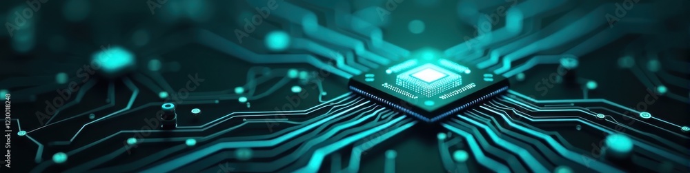 Poster floating microchip connected to glowing circuit lines in navy and teal, futuristic design concept. f
