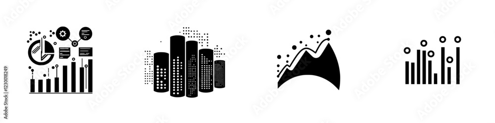 Poster visual representations of data analytics showcasing graphs, buildings, and trends in a digital envir