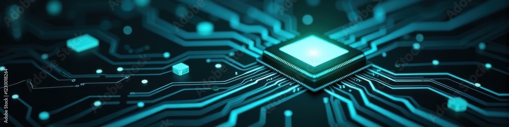 Aufkleber floating microchip connected to glowing circuit lines in navy and teal color scheme, futuristic desi