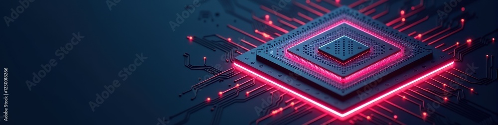Poster isometric microchip with neon edges and dark background, representing advanced technology and innova