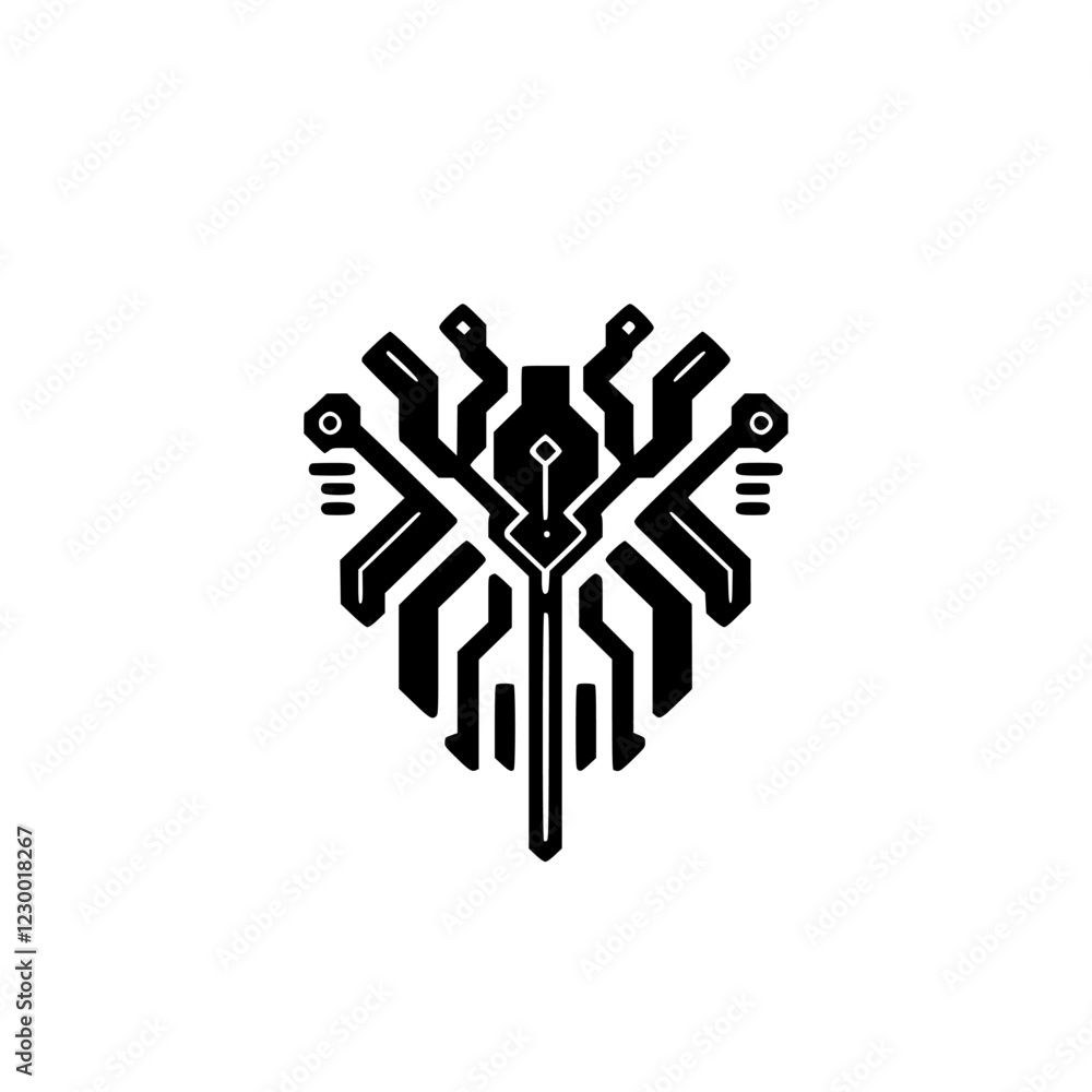 Poster abstract futuristic design featuring intricate circuit patterns and geometric shapes with a holograp