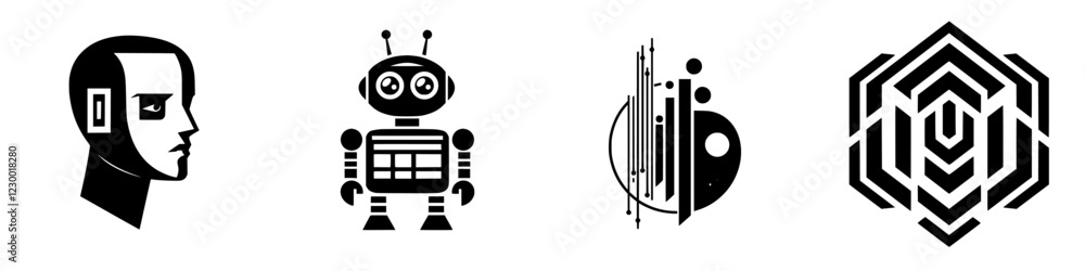 Poster exploring a futuristic concept with robotic designs and holographic elements in a digital environmen
