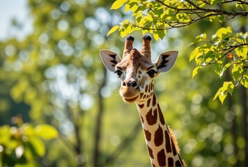 Obraz premium Giraffe Head and Neck with Green Foliage Background