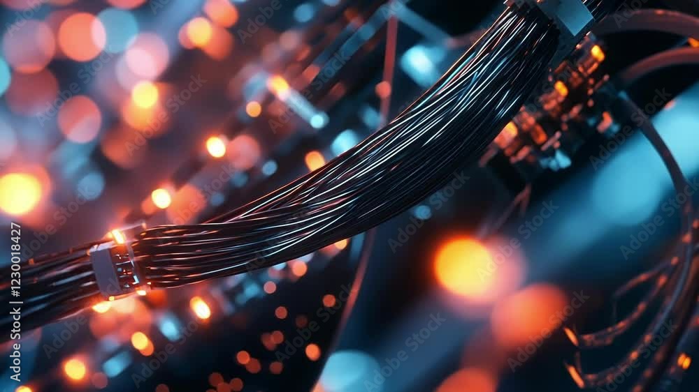 Poster closeup of intricate fiber optic cables weaving through a server rack their glowing ends signifying 