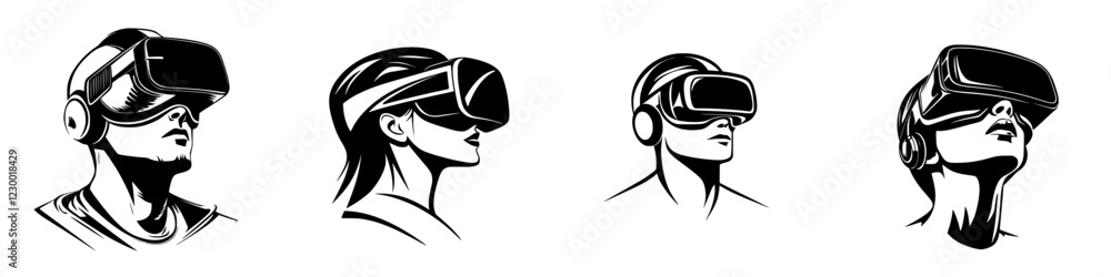 Poster exploring virtual realities with futuristic goggles and holographic interfaces in a modern environme