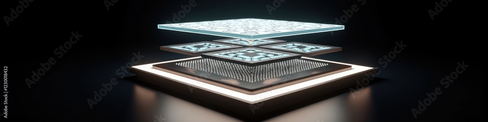 Poster exploded diagram of microchip layers with luminous edges in 3d perspective, black background, showca