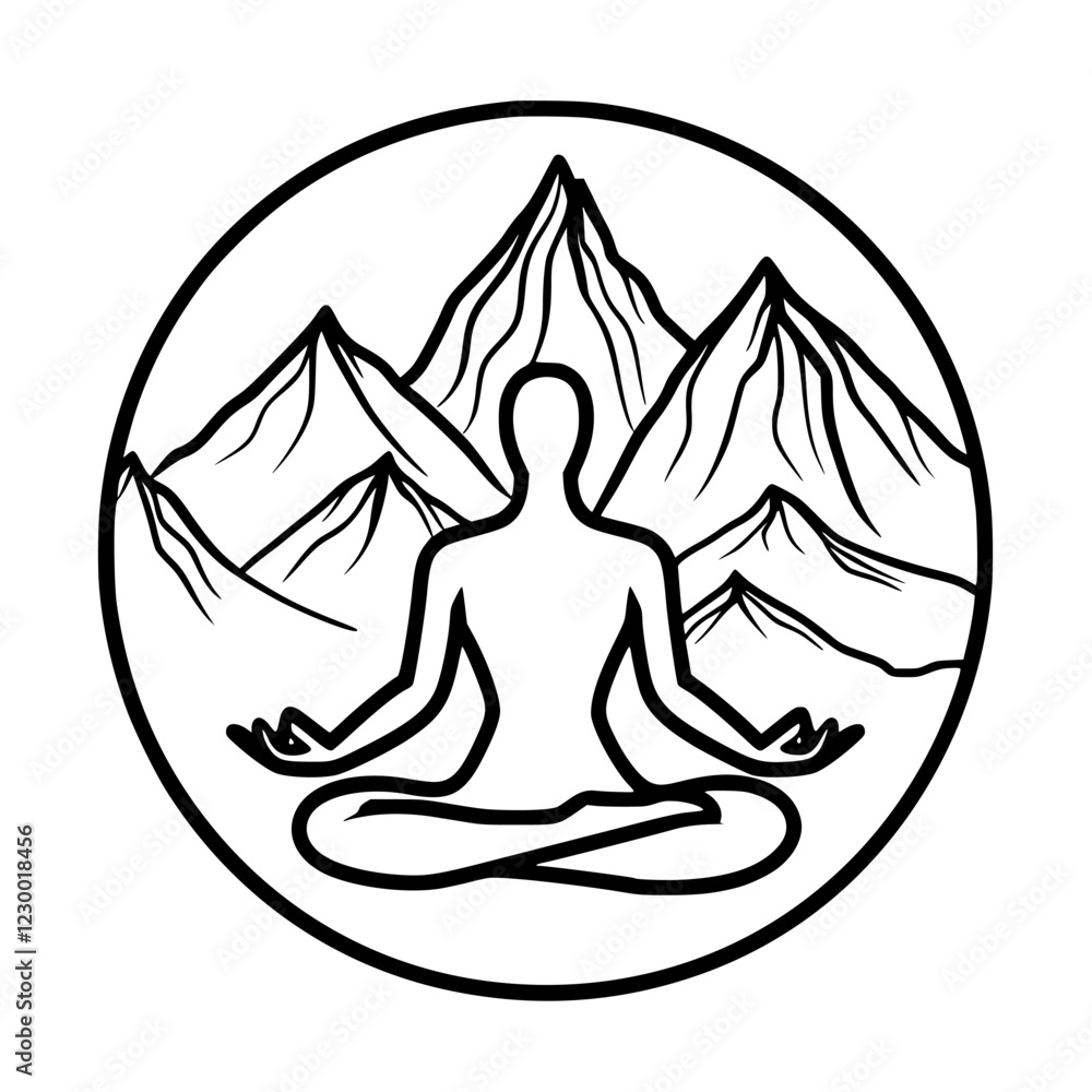 Poster meditative figure in front of abstract mountain range showcasing tranquility and balance in a futuri