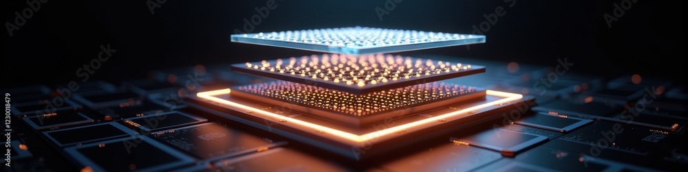 Poster exploded view of microchip layers with luminous edges against a black background, showcasing advance