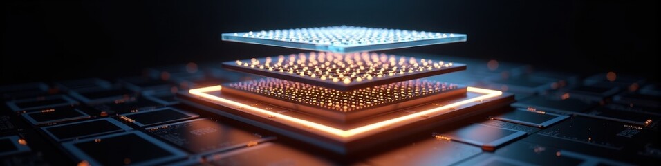 Fototapeta premium Exploded view of microchip layers with luminous edges against a black background, showcasing advanced technology concept. Futuristic Technology LinkedIn Banner