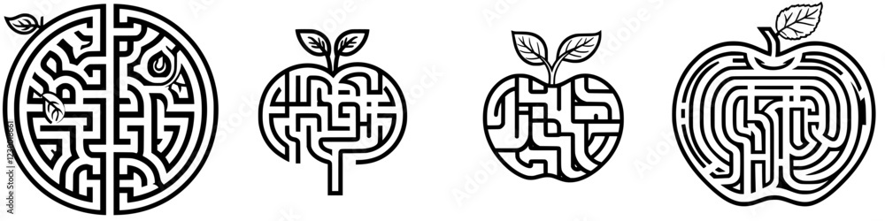Aufkleber exploring intricate maze designs featuring apples and symbolic elements in a minimalist style