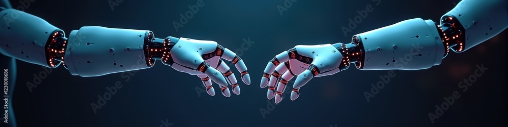 Poster two robotic hands reaching out in a handshake with neon glow lines against a navy backdrop, symboliz