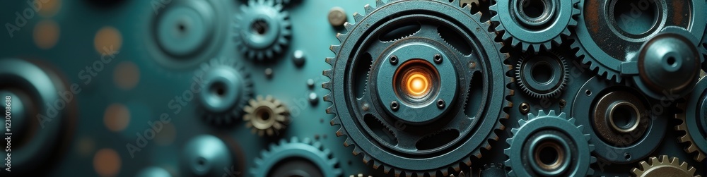 Poster a swirl of mechanical gears forming a robotic face with a subtle teal glow, modern composition. conc