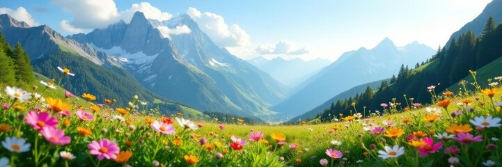 Fototapeta premium Serene mountain meadow with wildflowers amidst towering peaks, soft light, clear sky, atmospheric, nature