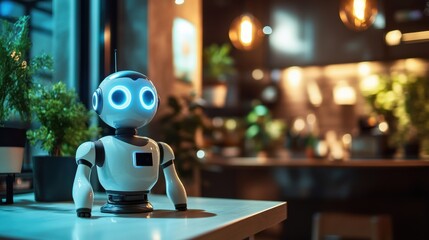 Friendly Robot Companion in Modern Kitchen Environment with Soft Lighting and Indoor Plants for Home Decor