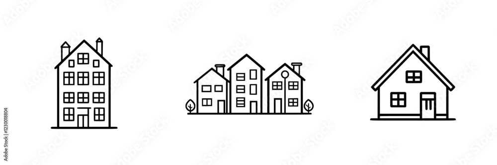 Poster illustration of three distinct house designs showcasing modern architecture styles in a minimalist f