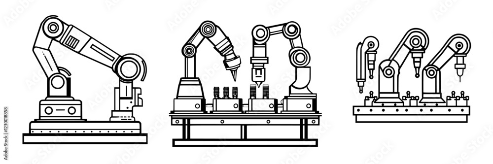Poster futuristic hologram robots performing complex assembly tasks in a modern factory setting