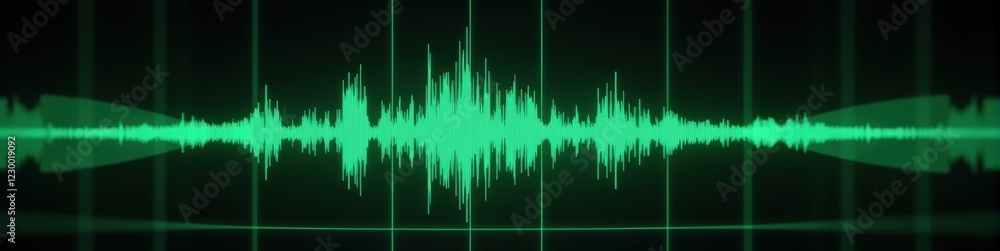 Poster futuristic oscilloscope ui displaying spiking waveforms in neon green against a dark background, hig