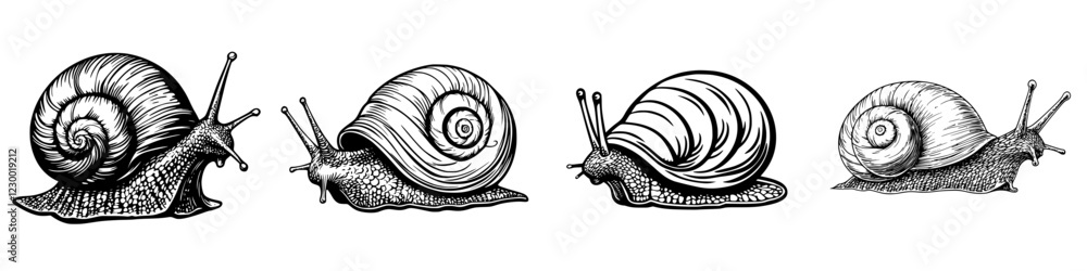 Poster unique illustrations of snails showcasing their distinct shell patterns and textures in a futuristic