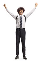 Full length portrait of a happy college student wearing a school uniform and raising arms up