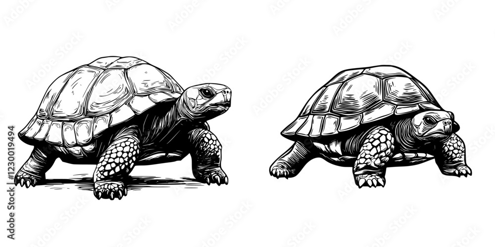 Poster Two stylized turtles walking on a plain background showcasing their distinct features and textures