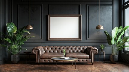 Stylish modern living room with elegant leather sofa and plants