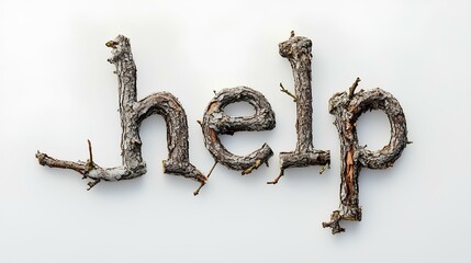 Word 'Help' Formed with Twisted Tree Bark on White Background