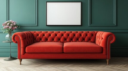 Elegant Red Sofa Against Green Wall with Empty Picture Frame