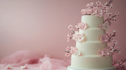 Elegant White Wedding Cake with Pink Floral Decorations on a Soft Pink Background