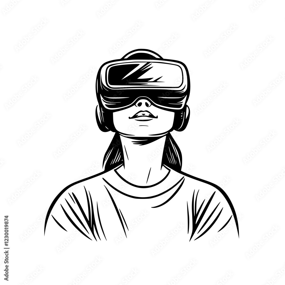 Poster engaging experience with virtual reality headset in a high-tech environment focusing on futuristic e