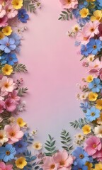 Fototapeta premium Soft pink blue yellow gradient background with scattered flowers and leaves, fuzzy, background, gradient