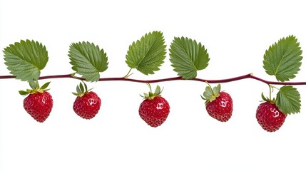 Fresh Strawberries on Green Leaves Isolated on White Background