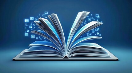 Open book with flying digital symbols, vibrant blue background, symbolizes knowledge sharing, education and innovation, ample space for text.