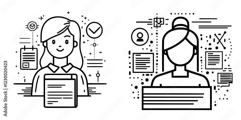 Poster two women working with documents and digital interfaces in a modern, tech-savvy environment using el