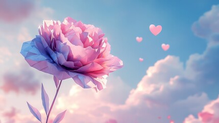 Fototapeta premium Dreamy Paper Flower with Heart Accents Against a Soft Pastel Sky and Fluffy Clouds in a Whimsical Fantasy Setting