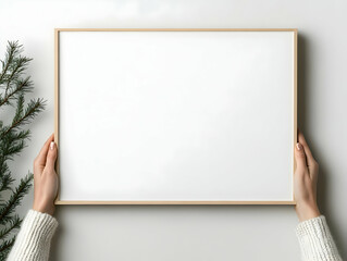 Hands holding blank frame, winter scene