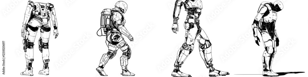 Poster humanoid robot progression showcasing futuristic design with holographic elements in various poses